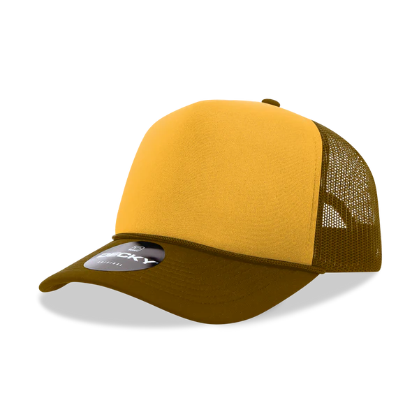 Decky 6025 Mid Profile, 5 Panel Foam Trucker Hat Brown Gold Brown