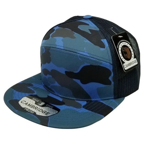 Pit Bull Cambridge PB250 7 Panel Hat Shiny Camo Camper Mesh Trucker Cap-BLUE