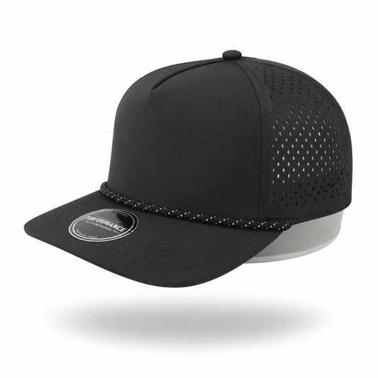 Performance Headwear  Black with Black and White Rope 5 Panel Performance