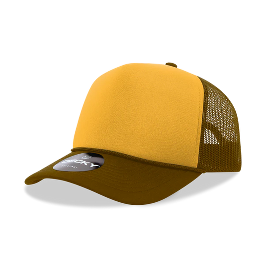 Decky 6025 Mid Profile, 5 Panel Foam Trucker Hat Brown Gold Brown