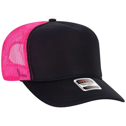 Otto 5-Panel High Crown Foam Trucker Hat Hot Pink Black